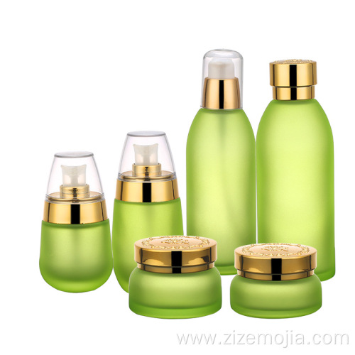 Frosted green cosmetic glass bottle set in stock